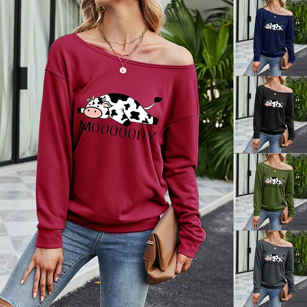 Women's Fashion Casual Cow Printed Long Sleeve Off Shoulder One Line Collar Top