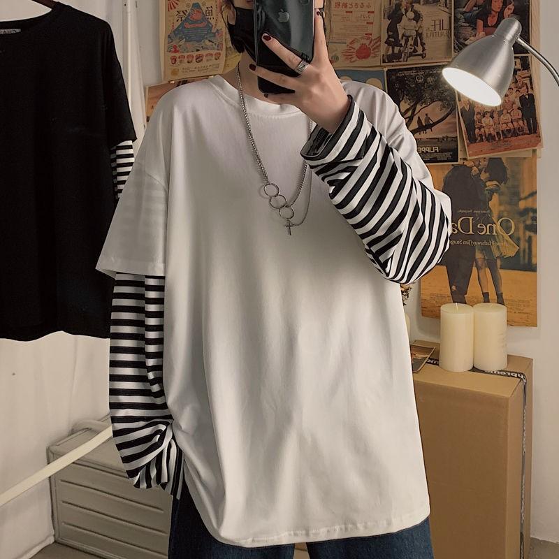 Long Sleeve Fake Two-piece T Shirt Striped Big Shirts Men Clothing Men Fashion 2026 New Oversized Tees Clothes Tshirt