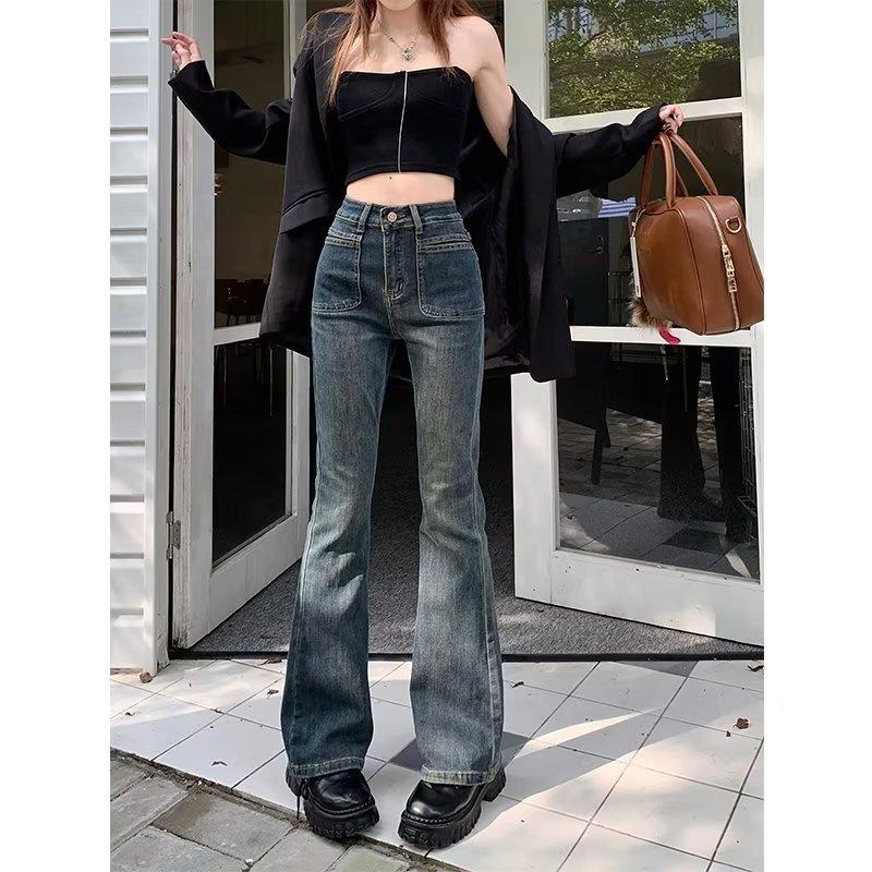 

Retro Old Jeans for Women In Spring and Summer High Waist Drooping Micro-flat Trousers Slim and Stretchy Wide-leg Horseshoe Pants 3XL