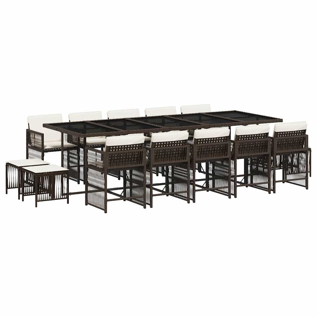 15 Piece Outdoor Dining Set with Cushions Brown Poly Rattan