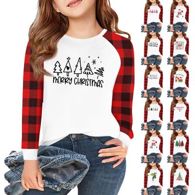 Mädchen Langarm Weihnachts-T-Shirts Kinder Herbst Oberteile Rundhals Basic T-Shirts 5-14J
