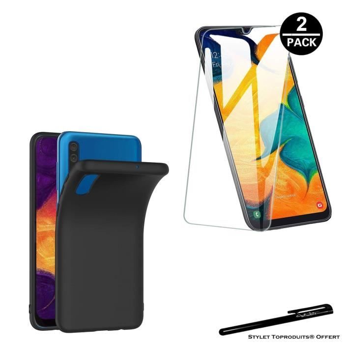 1 Coque de protection Noir + 2 Films de protection en Verre trempé pour Samsung A50 avec Stylet Toproduits®