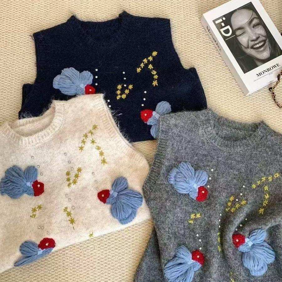 2026 Autumn Winter New Women Sweater Pullover Floral Knitting Fashion Lady Tops Vest Tank Sleeveless Shirt Loose Casual