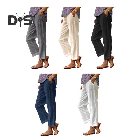 Women Pants Mid-rise Elastic Waist Leisure Pants Solid Color Straight Wide-Leg Casual Pants with Pockets