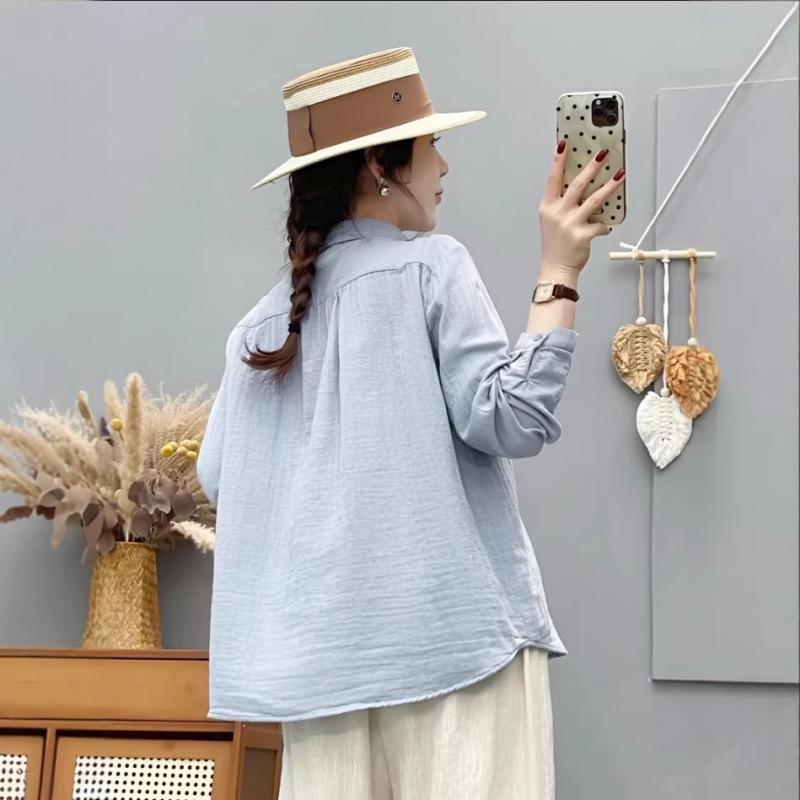 Spring 2026 Women's Embroidered Double Gauze Long Sleeve Casual Shirt with Lapel