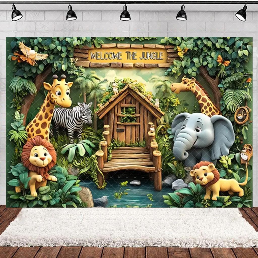 Jungle Wildlife Lion Giraffe Theme Banner Background, Children's Birthday Party, Home Decoration Photography Studio Background