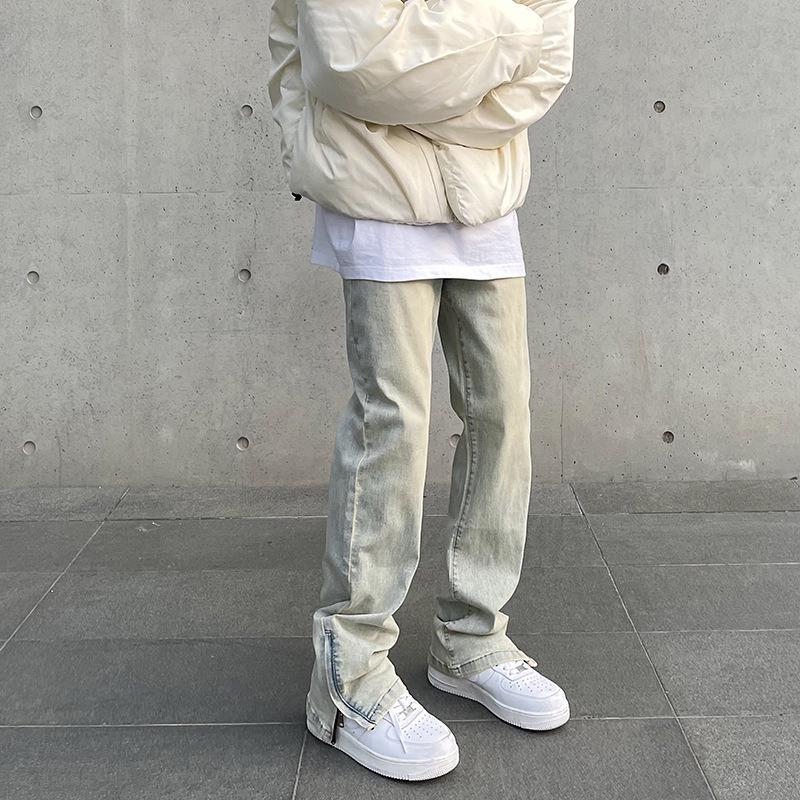 

Мужские джинсы-клеш в стиле ретро с потертостями желтого цвета с молниями 2X Large