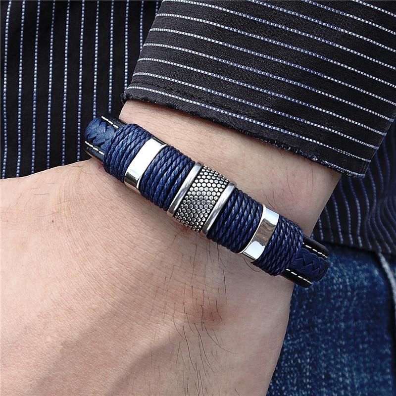 Punk Multilayer Braid Genuine Blue Leather Bracelet Titanium Stainless Steel Magnetic Buck Bracelet Men Homme Pulseras
