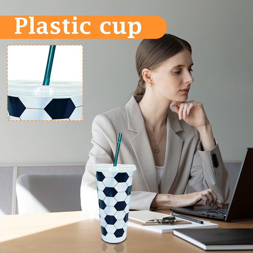 Large Capacity 710ml Single-Wall Plastic Cup With Soccer Pattern And Straw