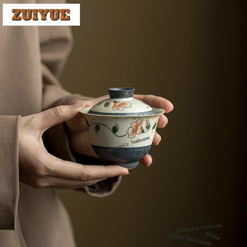 150ml Hand-painted Camellia Gaiwan Ancient Tea Tureen Tea Bowl With Lid Kit Tea Brewing Cover Bowl Teaset Accessories Ornaments
