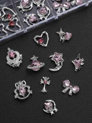 1 kutu(60pcs) Alaşım yay aşk ayı ay haç yıldız tırnak sanatı dekorasyonu pembe yapay elmas tırnak dekorasyonu