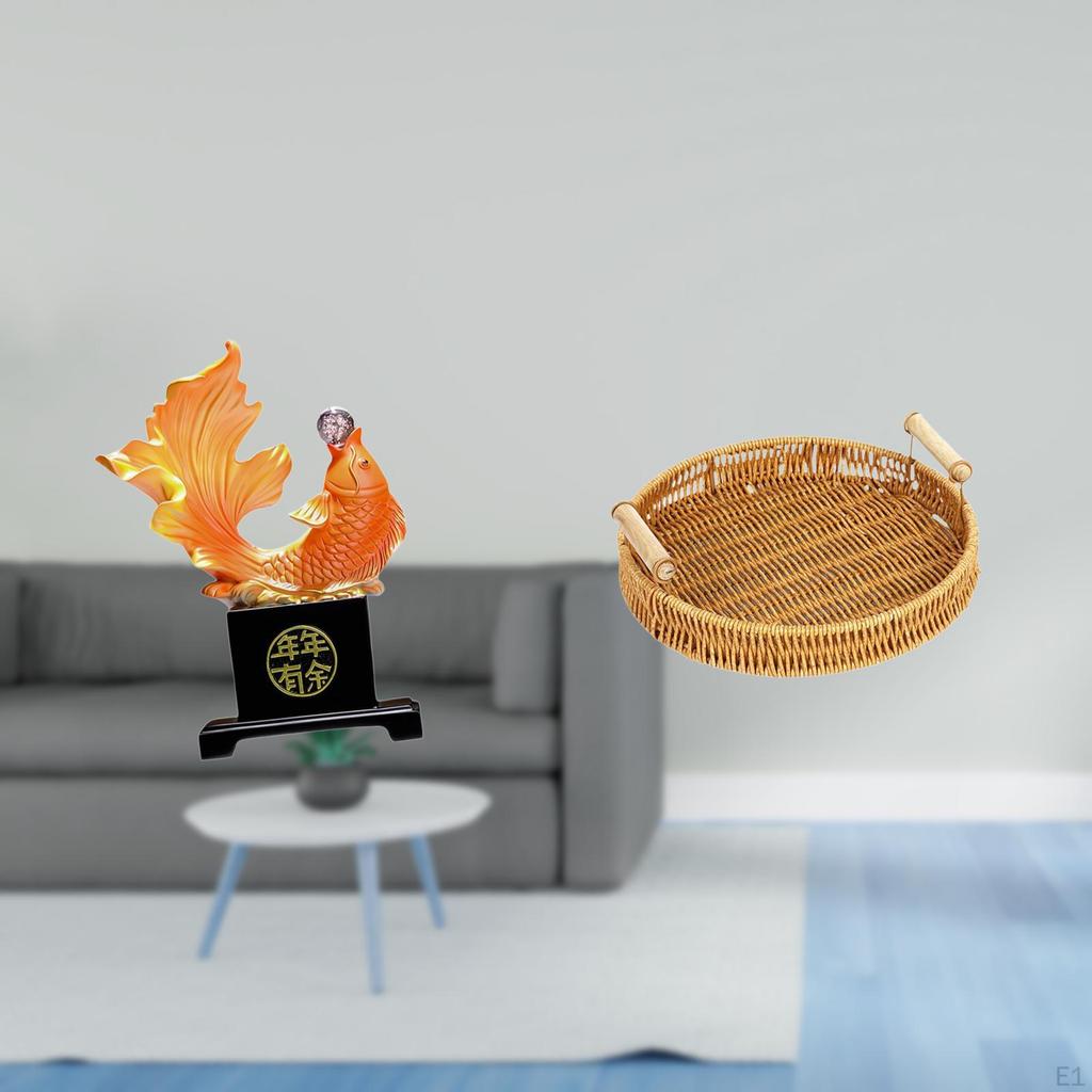 Modern Carp Resin Sculpture And Woven Fruit Basket Decorative Set for Home Office Desk Bedroom Snack