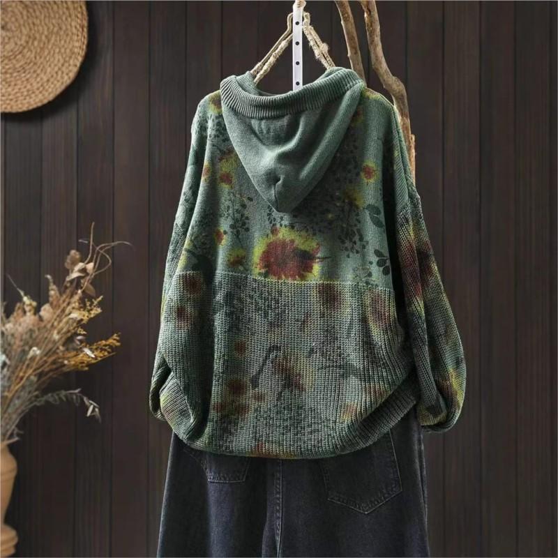 Vintage Print Drawstring Fashion Hooded Sweater Woman Winter Loose Long Sleeves Casual Sweater