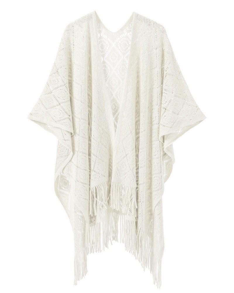 Hot-Selling Knit Shawl: Spring Summer Autumn, Hollow Design, Tassel Trim, Solid Color, Lightweight for European & American Styles.