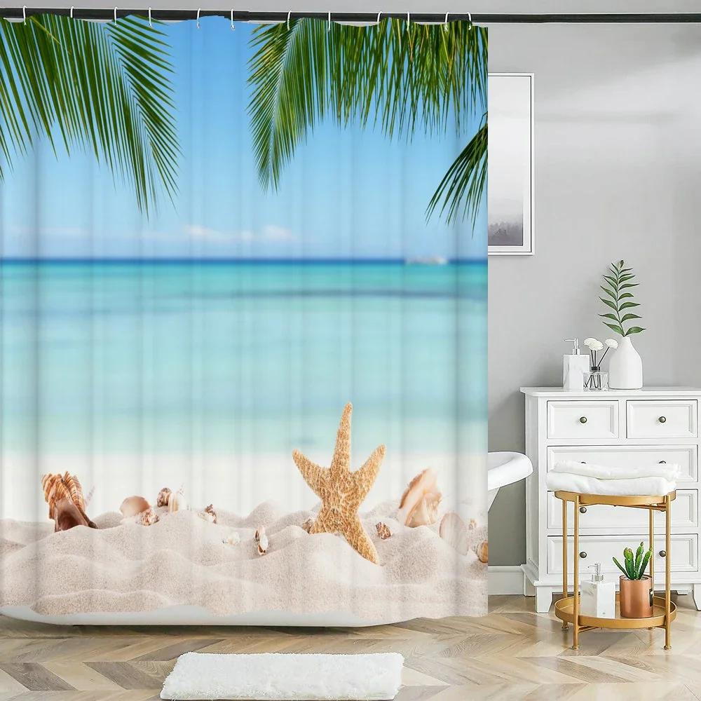 Havsutsikt Scenisk Strand Snäckor Duschdraperier Badrumsgardin Frabic Vattentätt Polyester Badgardiner för Badrum 180x180cm