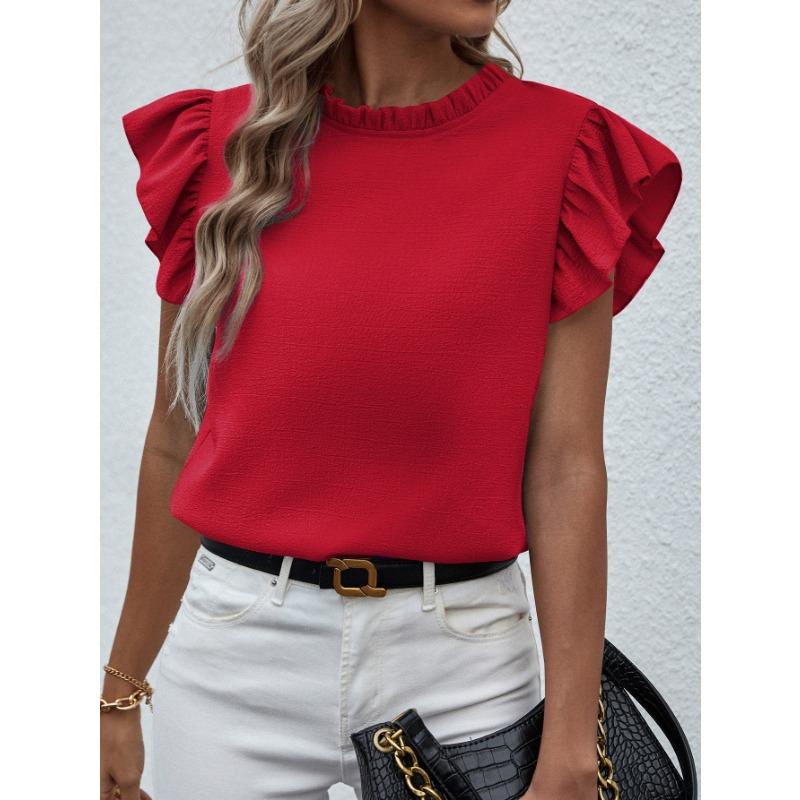 Women Short Sleeve Ruffled Round Neck Blouse