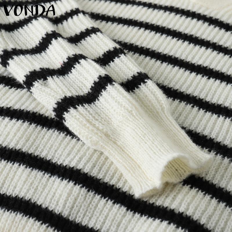 VONDA Winter Women Sweaters Lapel Striped Long Sleeve Pullovers Jumpers