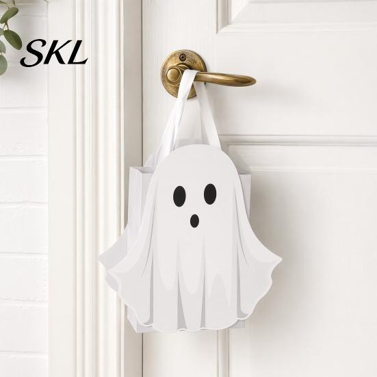 Ribbon Handle Bag Halloween Ghost Gift Bag, White Candy Pouch with Cute Face, Trick or Treat Favor for Party, Kids Goodie Prizes Holder