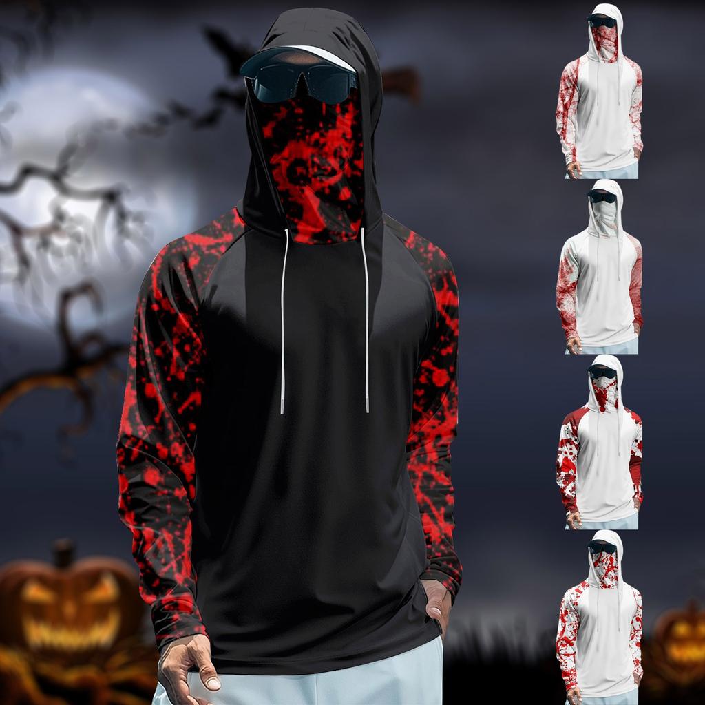 Men's Performance Fishing Raglan Halloween Prints Hoodie - UPF 50+ UV Long Sleeve Sun-protective Shirt With Mesh Visor