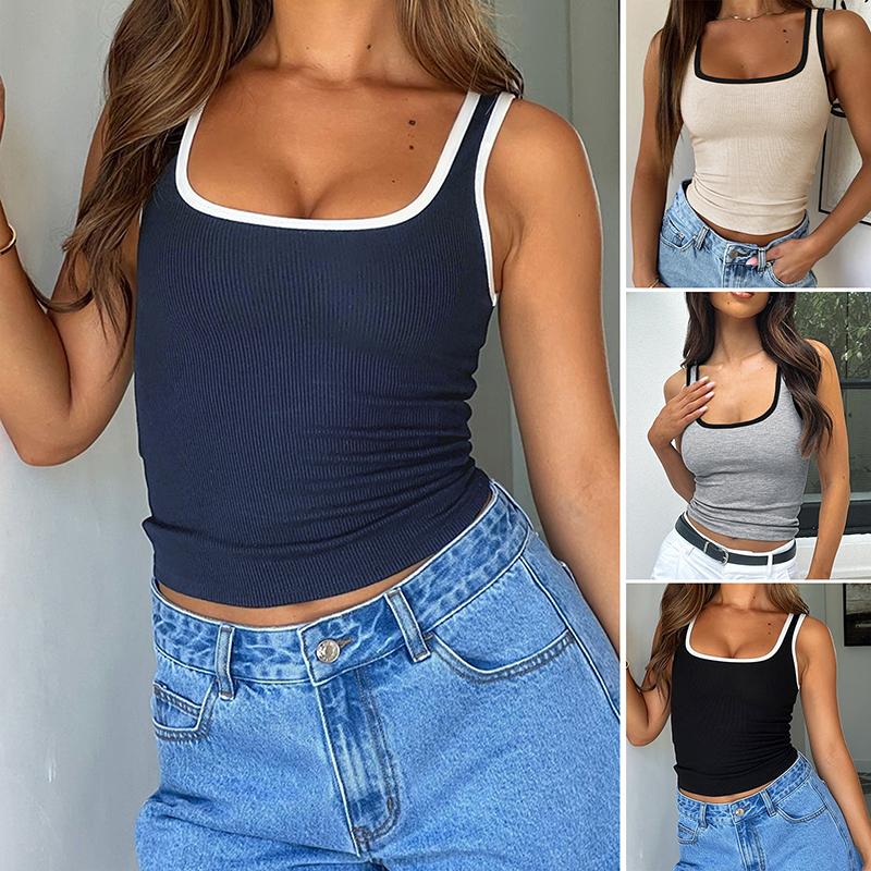 Y2K Women Summer Strap Square Collar Color Block Causal Slim Fit Vest Bare Midriff Tank Top