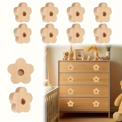 12pcs Wooden Flower Knob Pull Handles Solid Wood Drawer Cabinet Grips with Mounting Screws Furniture Wardrobe Decorative Handles