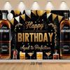 2D Elegant Black and Gold Backdrop, Whiskey Theme "Happy Birthday" Background for Cocktail Parties
