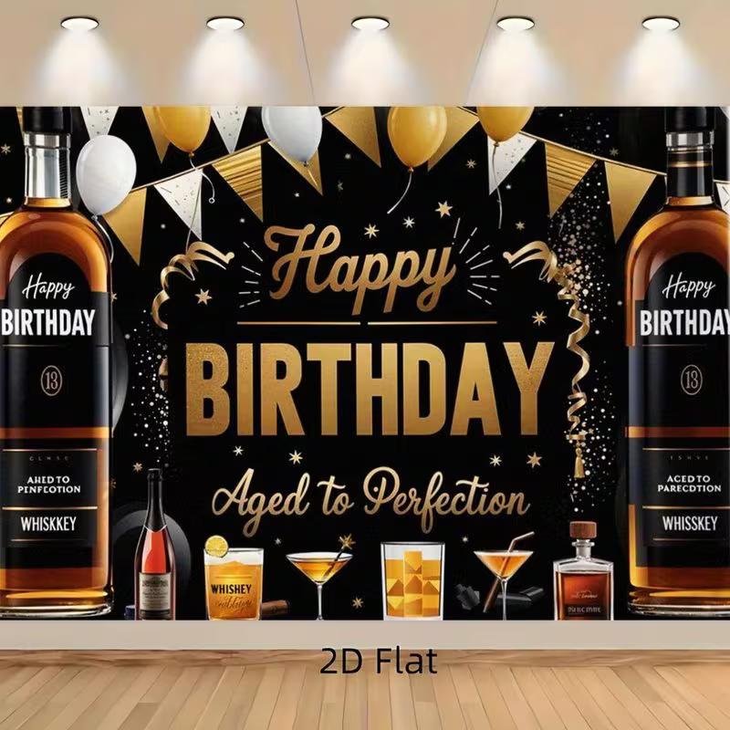 2D Elegant Black and Gold Backdrop, Whiskey Theme "Happy Birthday" Background for Cocktail Parties