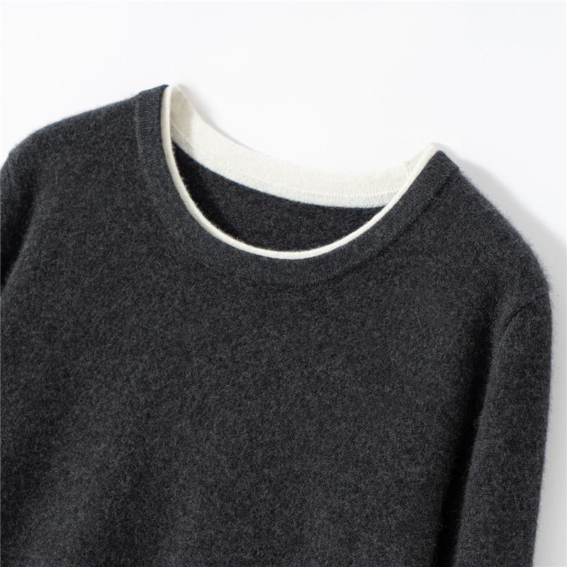 Pure Cashmere Color Block Round Neck Knit Sweater - Women's Long Sleeve Loose Fit Base Layer for Fall/Winter