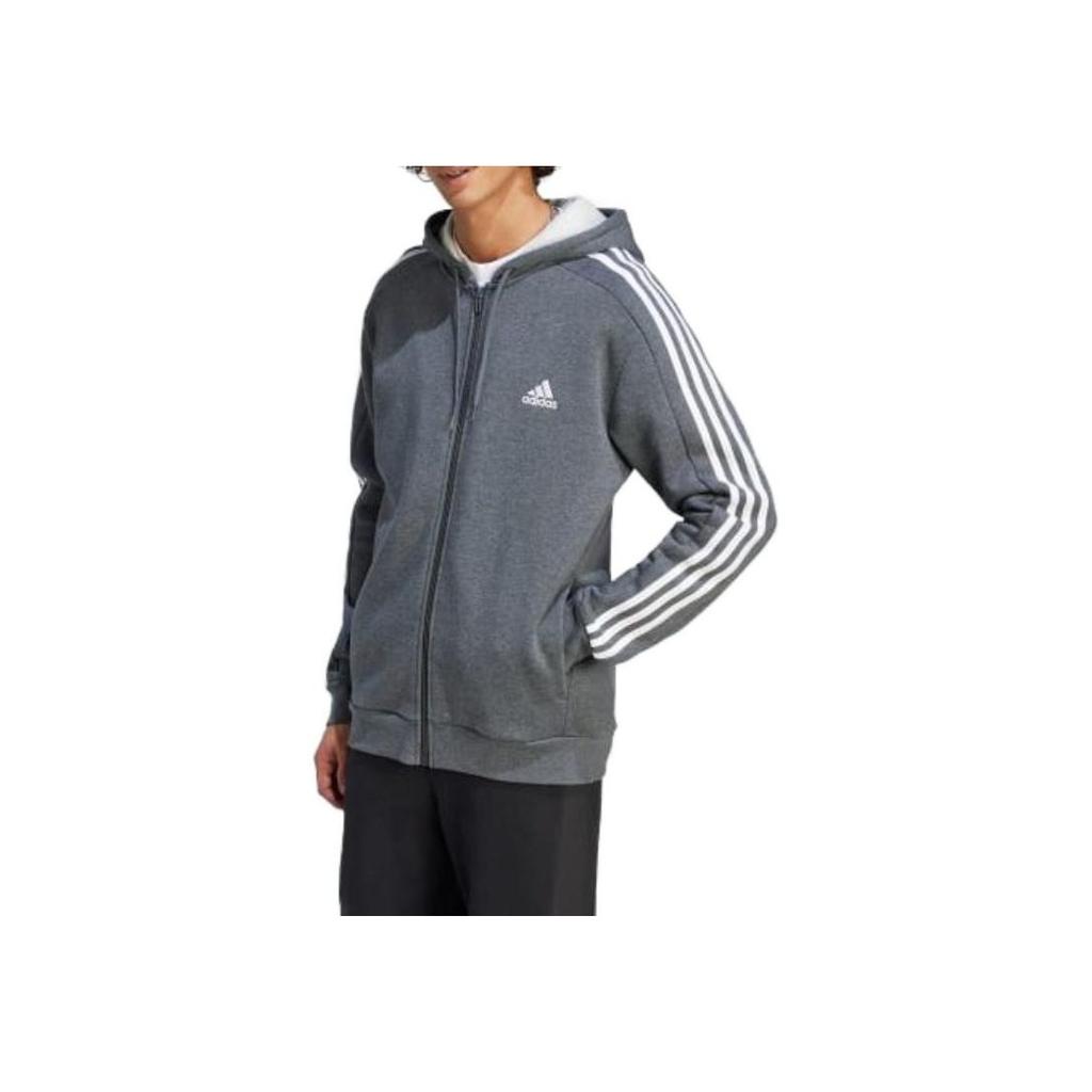 adidas Essentials Fleece 3-Stripes Full-Zip Hoodie Dark Grey Heather Men Streetwear IJ6480