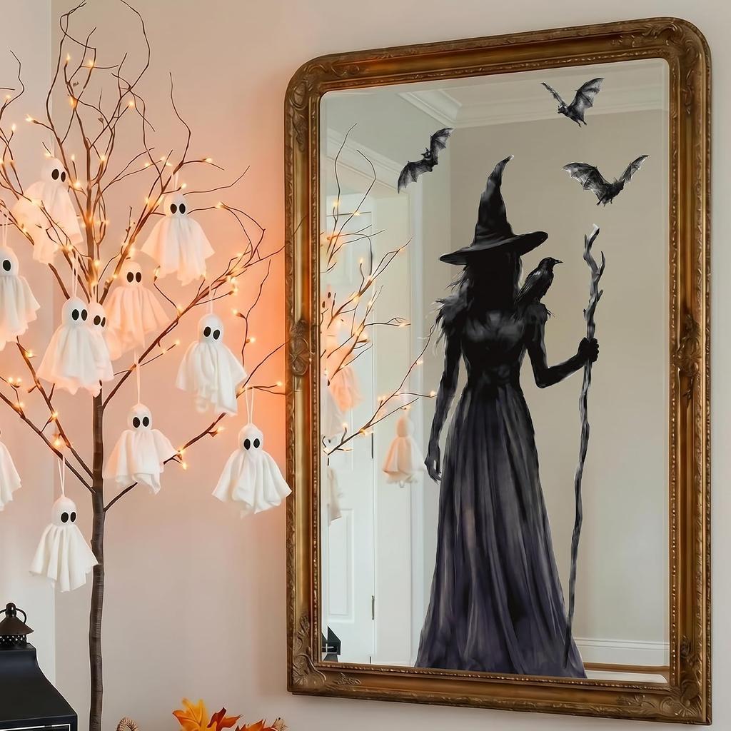Halloween Window Decor Stickers Witch Window Clings with Witch Black Cat Bat Patterns Gothic Spooky Atmosphere for Glass Window
