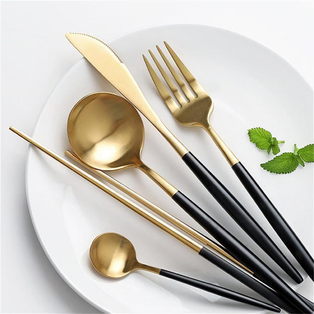 Andoo Příbory Sada příborů Zlatá Stylová Nerezová Sada jídelních příborů Nůž Lžíce Vidlička Sada Steakový nůž Stolní nůž Dezertní lžíce Hůlky