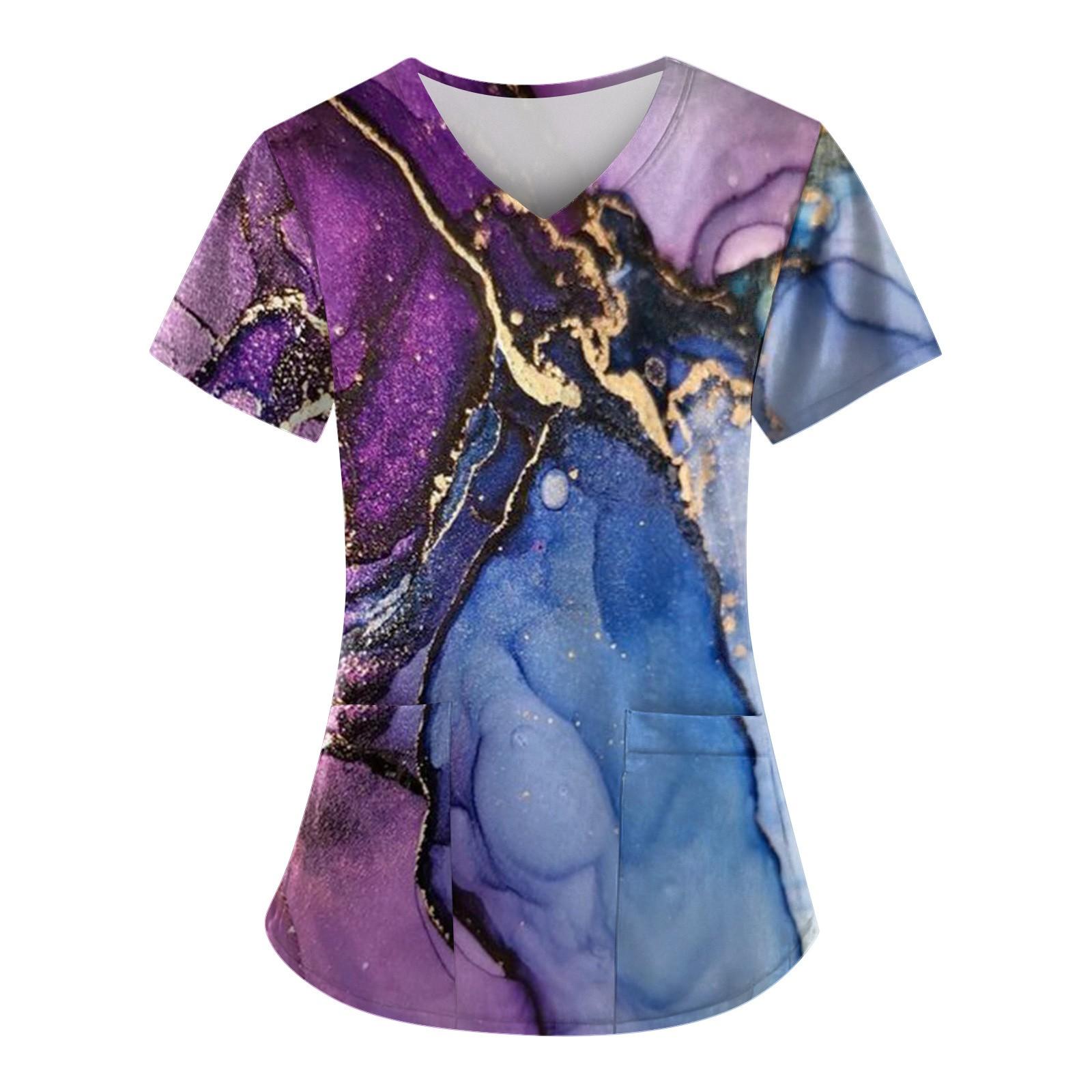 

(SU)Женская модная рабочая форма с принтом и карманной футболкой с коротким рукавом L темно-фиолетового