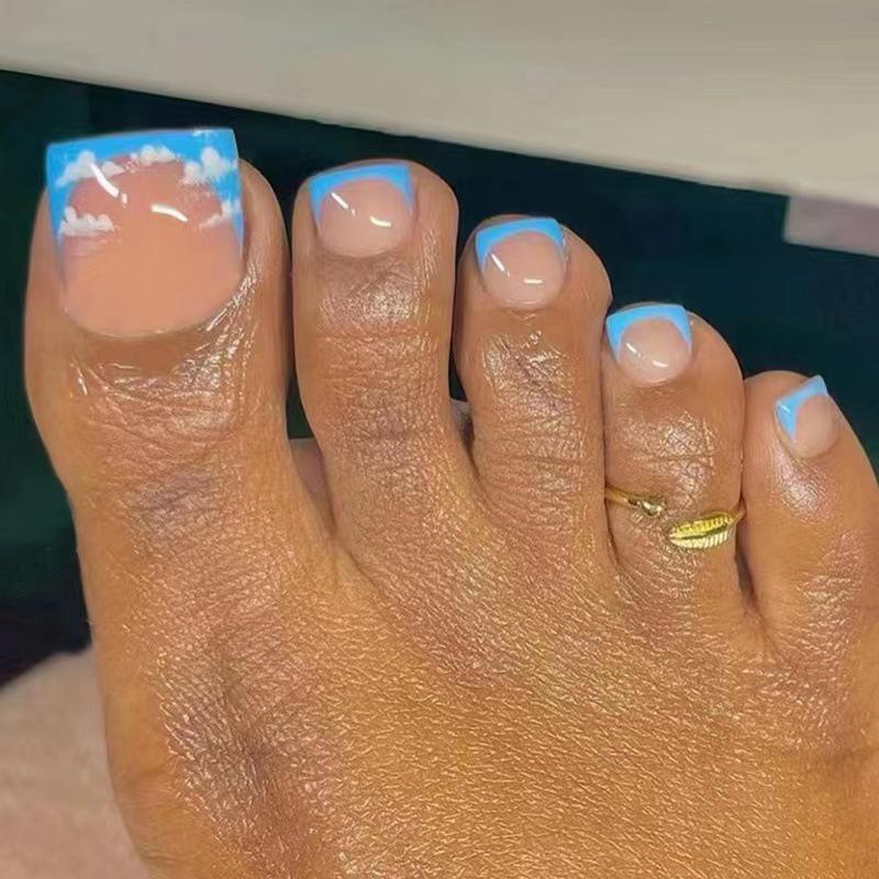 

24-Piece Set: Blue and White Cloud Square Press-On Toenails