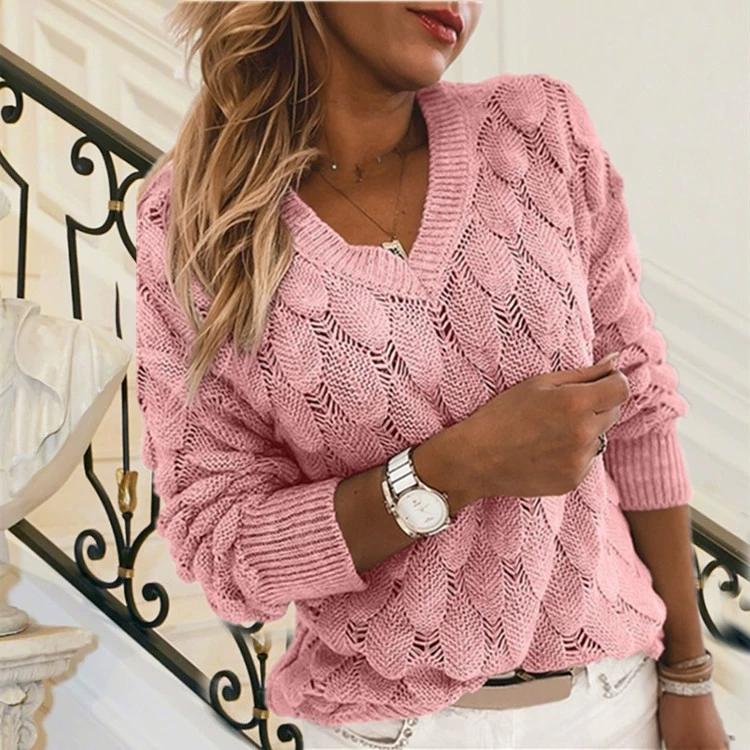 V-Ausschnitt Strickpullover, Herbst-Winter Strickfeder Lochmuster V-Ausschnitt Langarmpullover für Damen