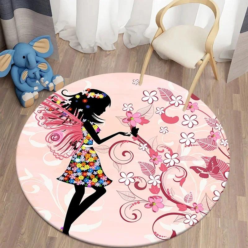 Butterfly Flower Fairy Girl Round Carpet Living Room Rugs Soft Doormat For Children's Room Playroom Decor Kitchen Bath Floor Mat