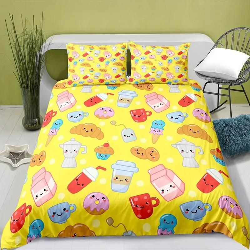 Lovely Cartoon Food King Queen Duvet Cover Pearl Milk Tea Bedding Set Kids Teens Adults Dessert Fries Cola Polyester Quilt Cover