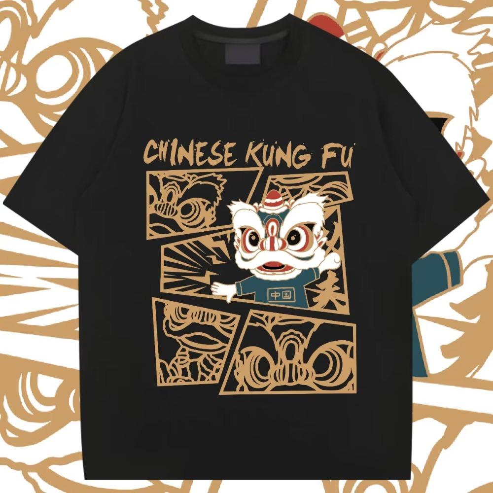 

Футболка Lion Dance, свободная футболка с круглым вырезом, ретро-футболка Harajuku для мужчин, высококачественные повседневные удобные футболки, футболка в стиле рэп S чёрный