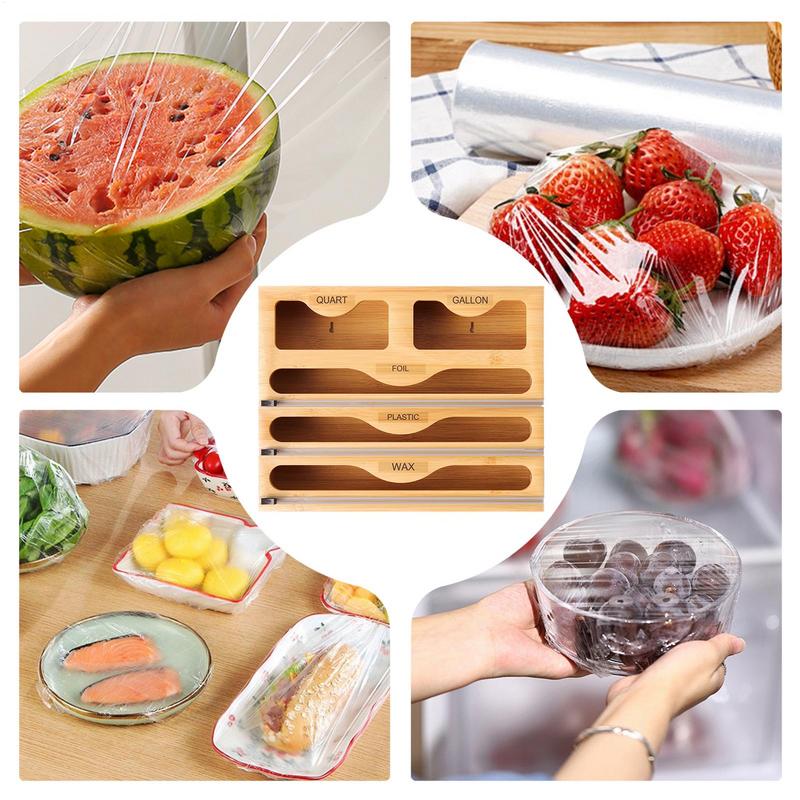 Kitchen Wrap Dispenser With Foil & Cling Film Cutter Box Wooden Fresh Bag Cutting Holder, Trash Bag & Plastic Bag Organizers