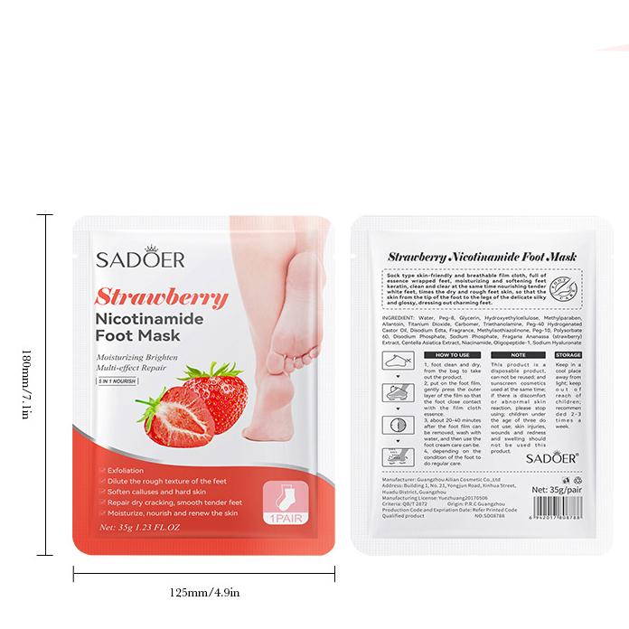 Sadoer Masque pour les pieds adoucissant et éclaircissant à la niacinamide à la fraise, traitement rajeunissant, masque pour les pieds