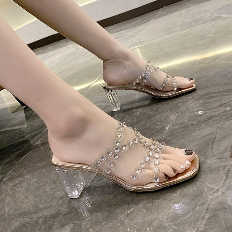 Ladies' Slippers Glitter Slides Fashion Transparent Heel Square Heel 2026 Summer Jelly Luxury Block Crystal