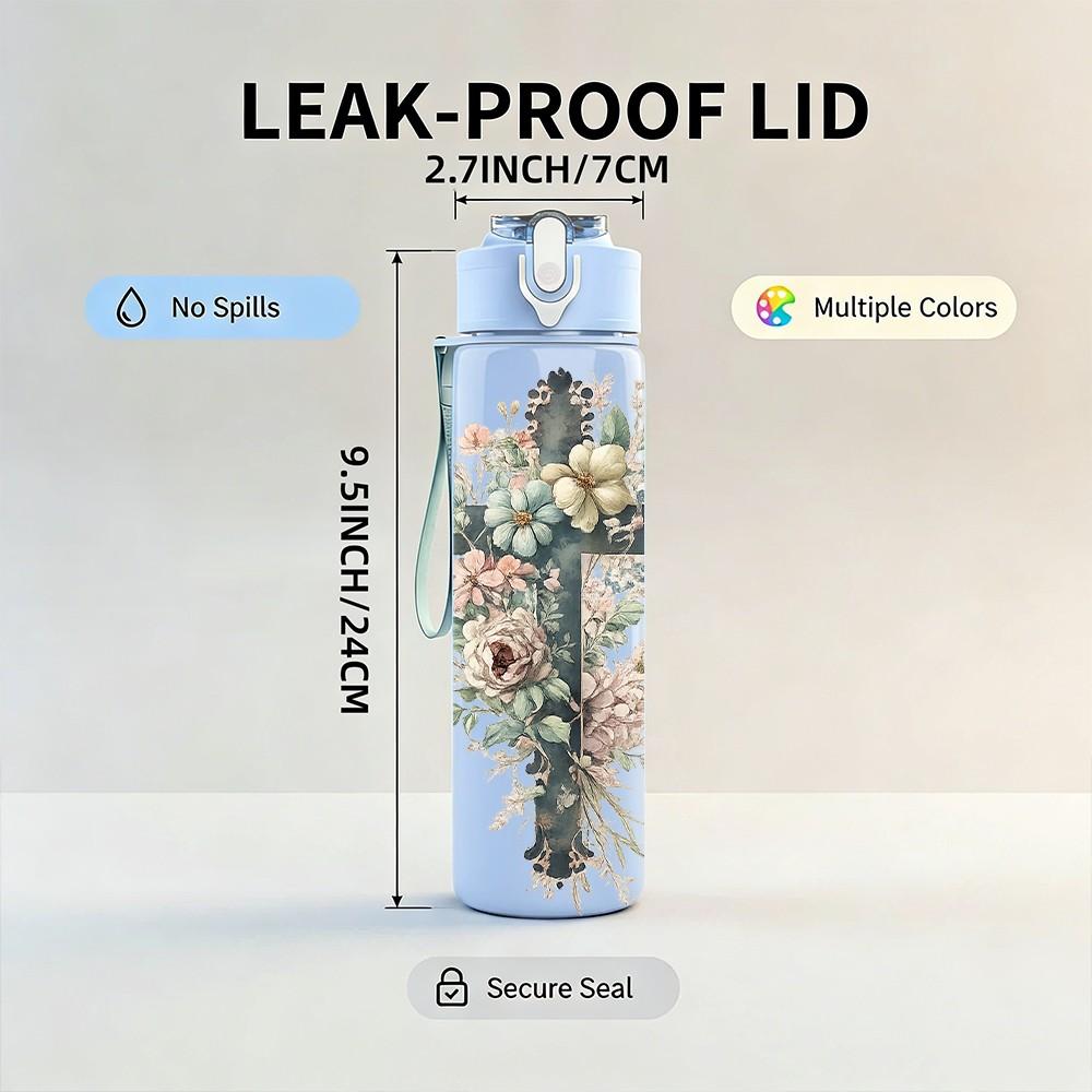 1PC Floral Cross Religious Faith Art Print 750ml Color Plastic Sports Water Bottle Leakproof Flip Straw Lid Suitable for Sports Office Home Use