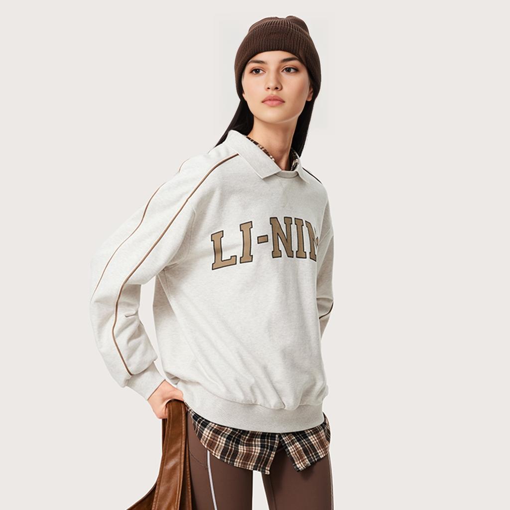 Li Ning Sports Lifestyle Series High Street American Vintage Letter Polo Neck Pullover Long Sleeve Sweatshirt Women sweatshirt AWDUD00-1