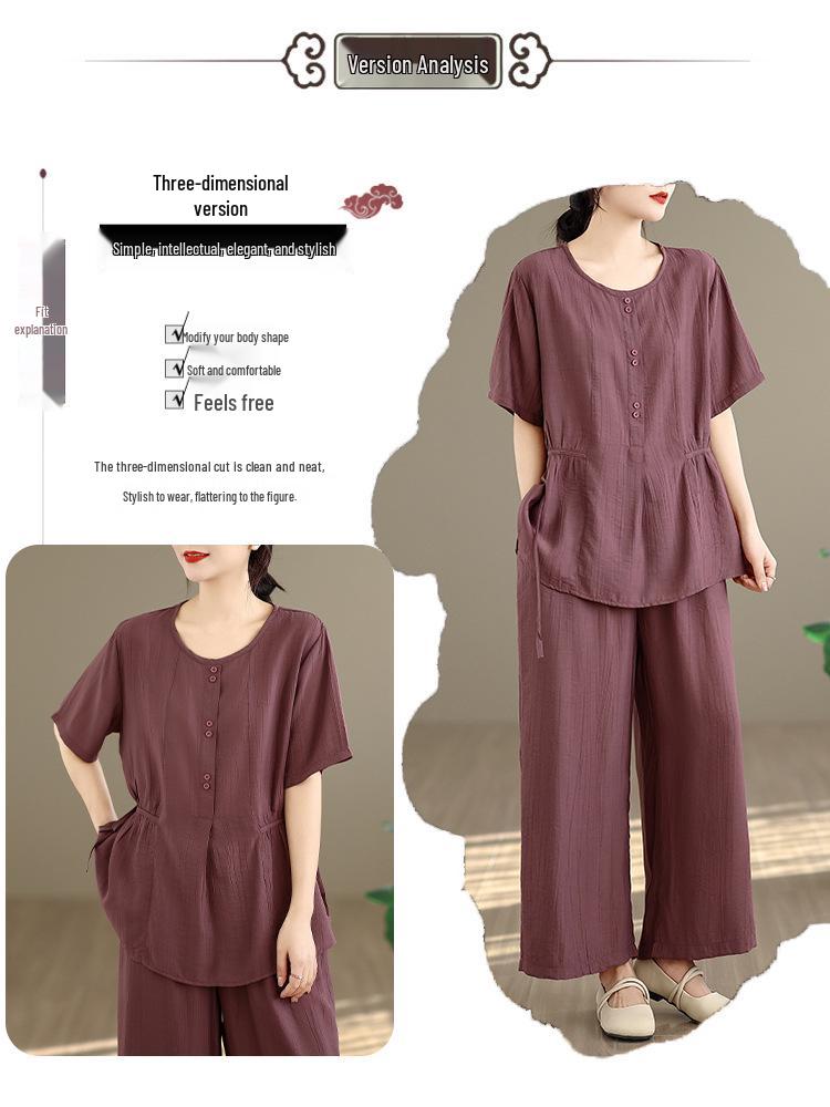 Women's Large Size Tencel Cotton-Linen Summer Suit: Slimming Round Neck Top & Wide-Leg Pants Two-Piece Set