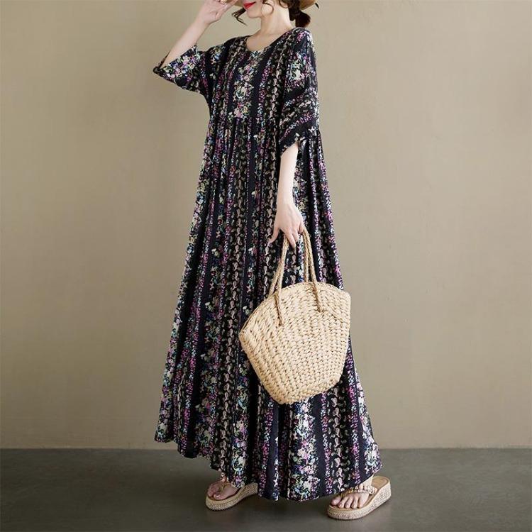 New Vintage Casual Loose Maxi Dress Plus Size Women Summer Short Sleeve Basic Dress