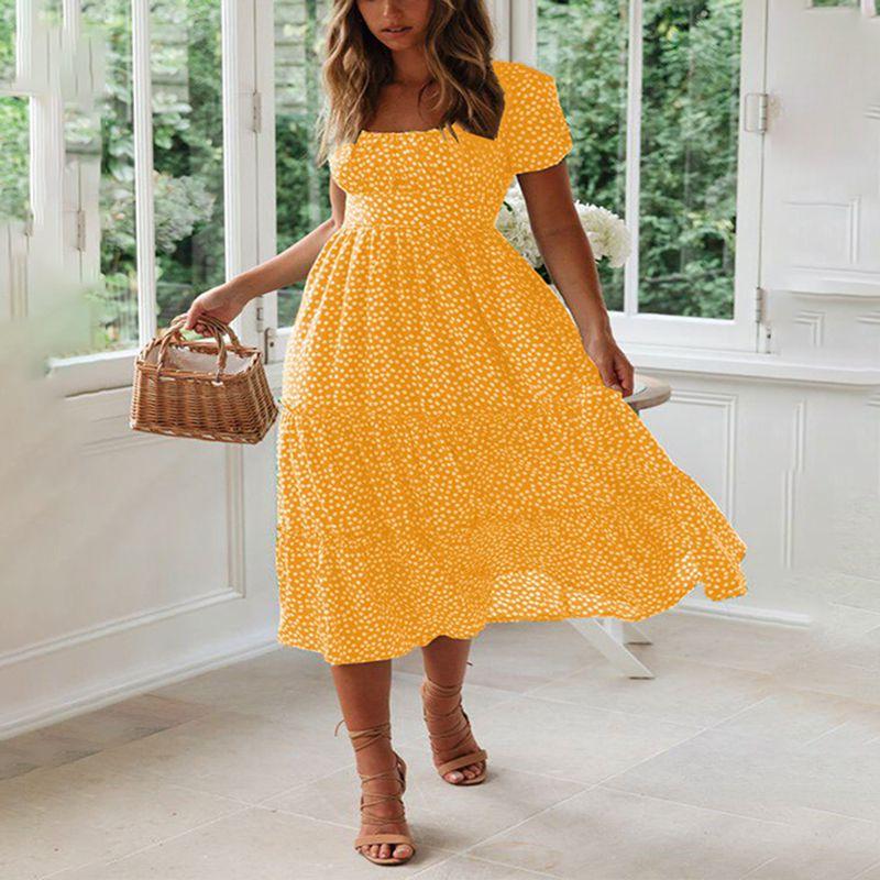 Elegant Women Polka Dot Boho Ruffle Maxi Beach Dress With Square Neckline