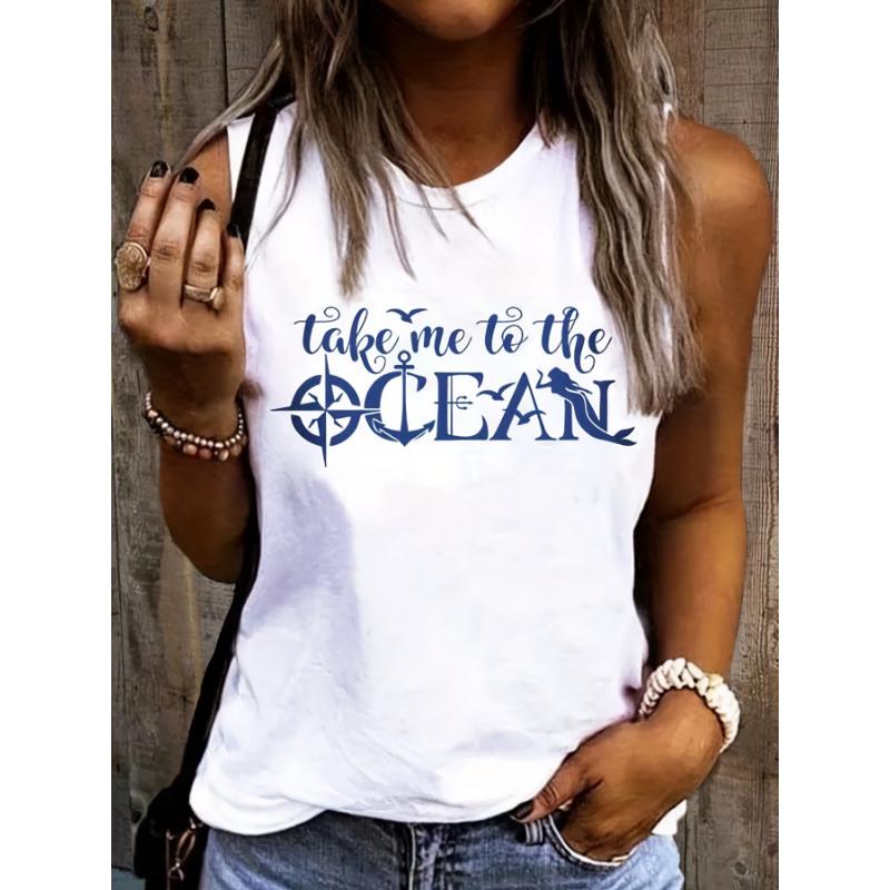 Women's Summer Casual Loose Size Letter Print Round Neck Sleeveless Tank Top T-shirt