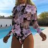 Women Long Sleeve One Piece Swimsuit Zip Front  Floral Stripes  Print Rash Guard Surfing Bathing Suit