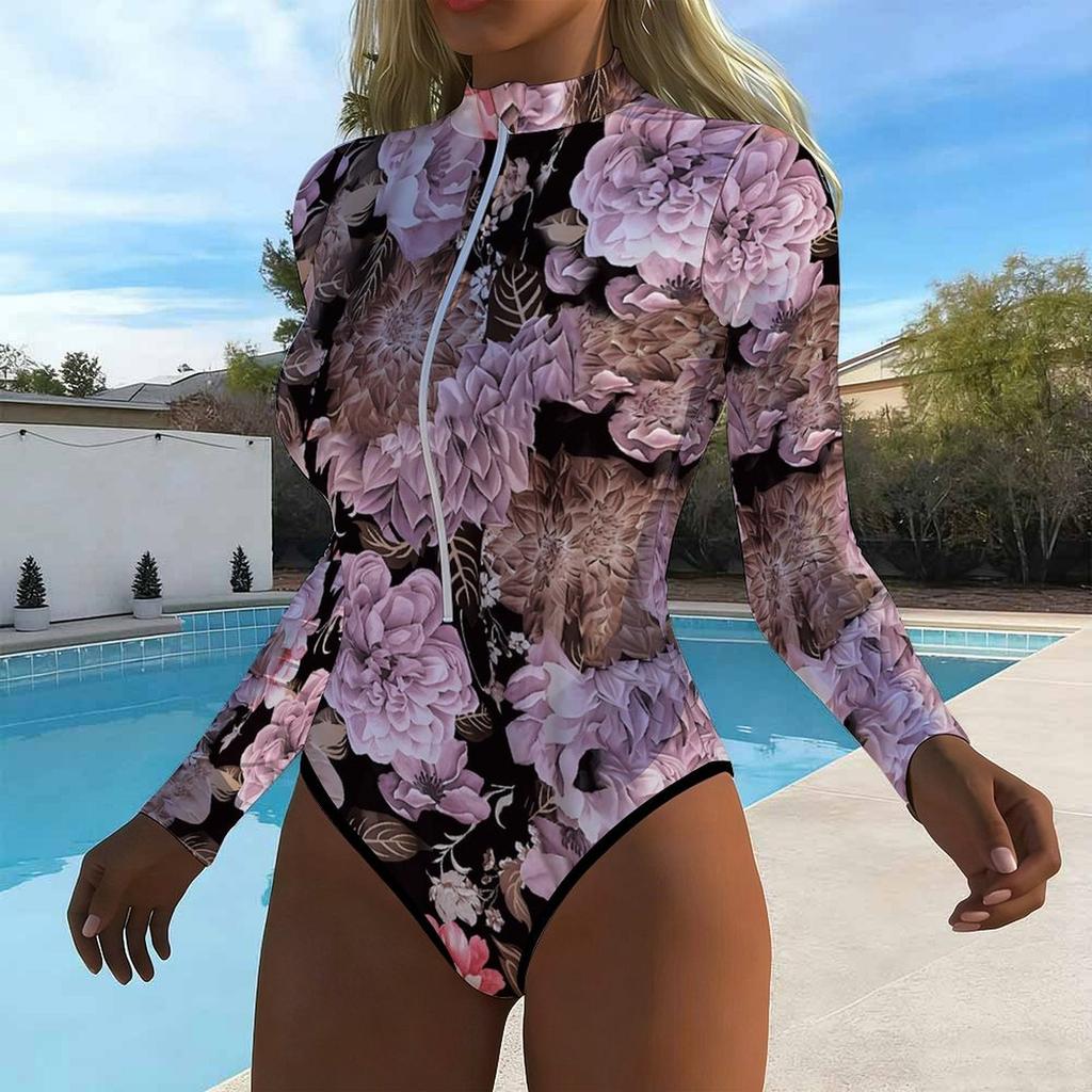 Women Long Sleeve One Piece Swimsuit Zip Front  Floral Stripes  Print Rash Guard Surfing Bathing Suit