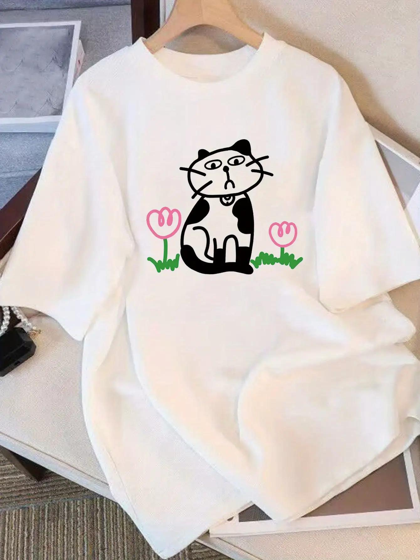 

WomenS Black TShirt with Cute Cat Pink Hearts Graphic Summer Fit Round Neck Short Sleeve Casual Top Breathable Casual Attire S