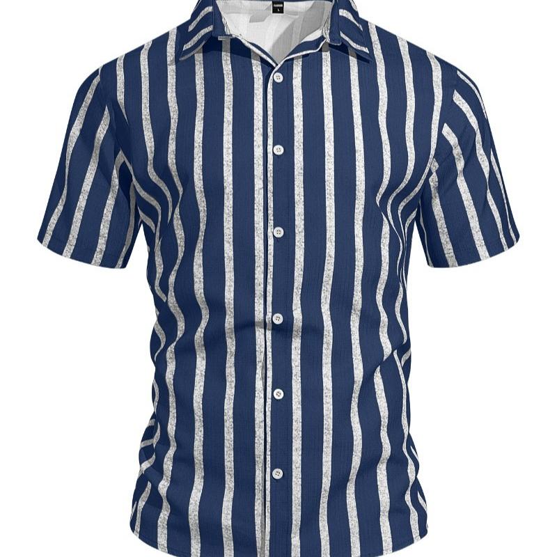 Lapel Stripes Vacation Short Sleeve Shirt Beach Short Sleeve Men S